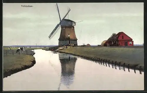 Künstler-AK Photochromie Nr. 2956: Volendam, Teilansicht mit Windmühle