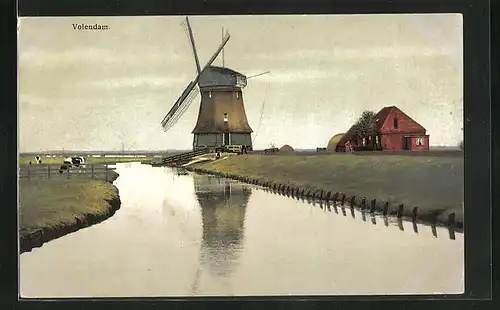 Künstler-AK Photochromie Nr. 2956: Volendam, Teilansicht mit Windmühle
