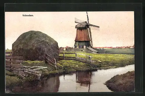 Künstler-AK Photochromie Nr. 2957: Volendam, Teilansicht mit Windmühle