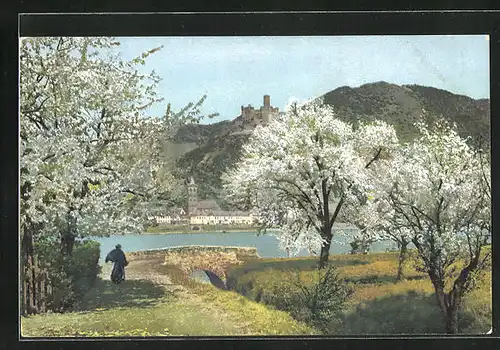 Künstler-AK Photochromie Nr.2436: Landschaftsbild mit blühenden Bäumen und Blick zur Burg