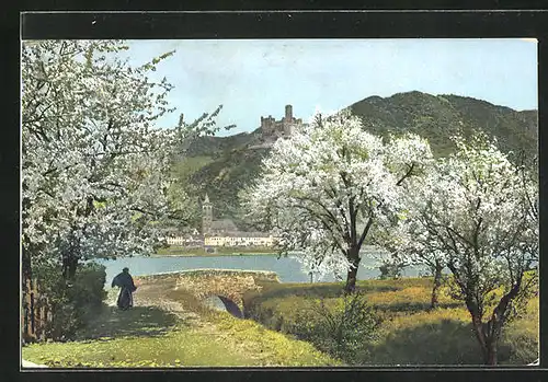 Künstler-AK Photochromie Nr.2436: Landschaftsbild mit blühenden Bäumen und Blick zur Burg