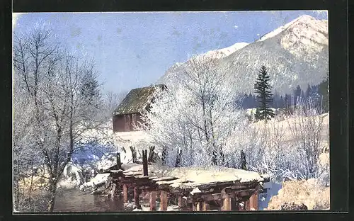 Künstler-AK Photochromie Nr.2903: Winterliche Ansicht mit Gehöft vor Bergen