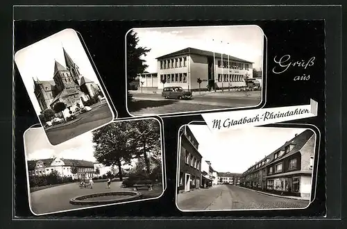 AK M. Gladbach-Rheindahlen, Ortsansichten mit Kirche und Strassenpartie
