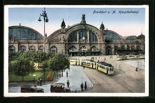 AK Frankfurt /Main, Strassenbahnen verkehren vor dem Hauptbahnhof