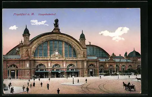 AK Frankfurt a. M., Reisende vor dem Hauptbahnhof