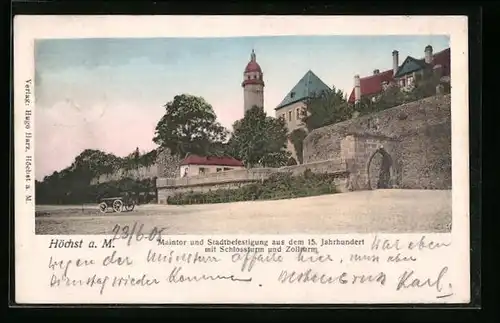 AK Höchst a. M., Maintor und Stadtbefestigung aus dem 15. Jahrhundert mit Schlossturm und Zollturm