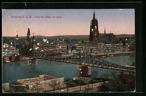 Glitzer-Perl-AK Alt-Frankfurt, Eiserner Steg mit Dom