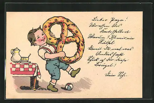 Künstler-AK Knabe mit riesiger Brezel