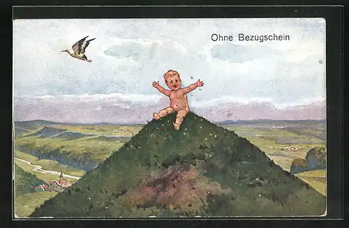 AK Kriegsnot, Ohne Bezugsschein, nacktes Kleinkind sitzt auf einem Hügel