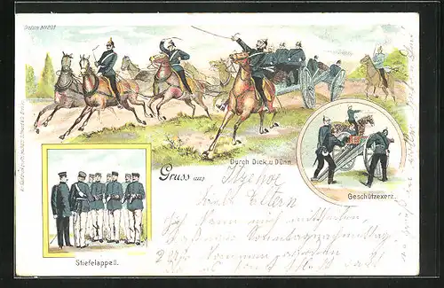 Künstler-AK Berittene Artillerie im Manöver, Geschützexerz, Stiefelappell
