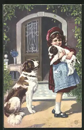 AK Mädchen hält einen Bernhardiner-Welpen im Arm