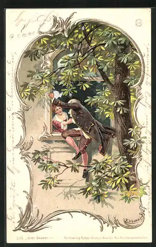 Künstler-AK E. Döcker: Mann klettert zum Fenster seiner Liebsten