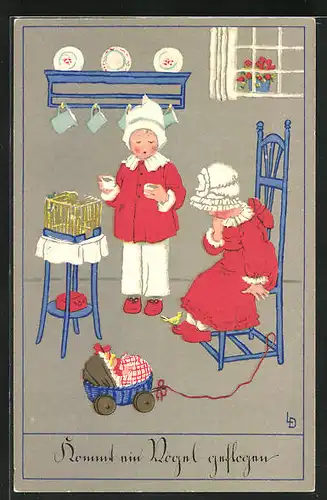 Künstler-AK Lia Döring: Mädchen blickt erschrocken auf den Vogel auf ihrem Fuss, Kommt ein Vogel geflogen