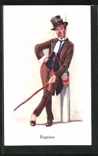 Künstler-AK sign. J. A. May: Mann mit Zylinder und Zigarre lehnt lässig an einer Säule, Ragtime