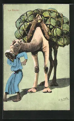 Künstler-AK sign. E. B. Norton: Kamel transportiert Melonen und knabbert am Ohr des Mannes, Le Gouter