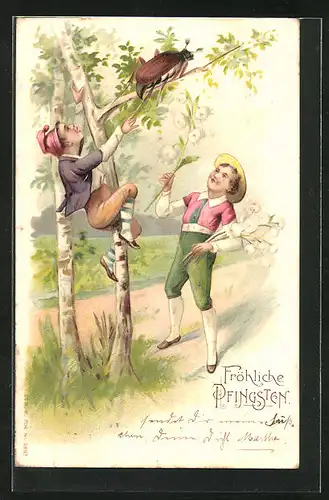 Präge-AK Kinder ärgern einen Maikäfer auf dem Baum, Fröhliche Pfingsten!