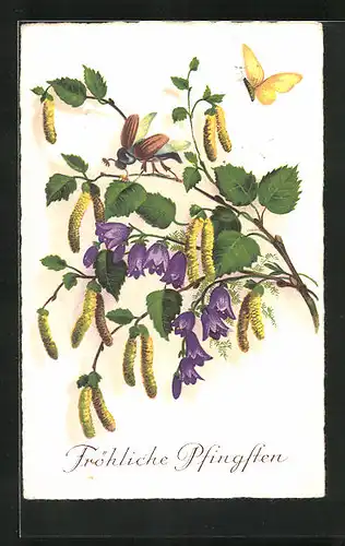AK Schmetterling entdeckt die blühenden Äste, Fröhliche Pfingsten!