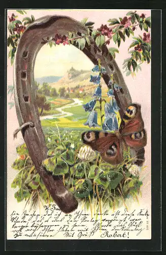 Präge-AK Schmetterling sitzt auf einem Hufeisen