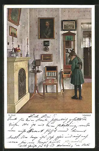 Künstler-AK sign. H. Graf: Mädchen blickt in der guten Stube in eine Schublade, Interieur