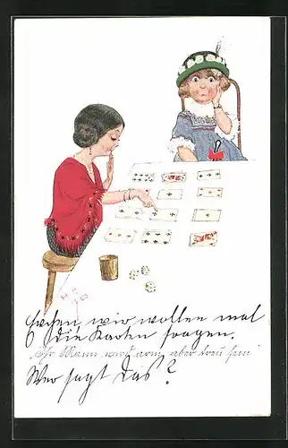 Künstler-AK H.S.B.: Hellseherin legt einem jungen Mädchen die Karten