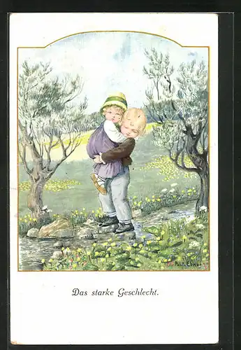 Künstler-AK Pauli Ebner: Junge hilft der kleinen Schwester über den Bach