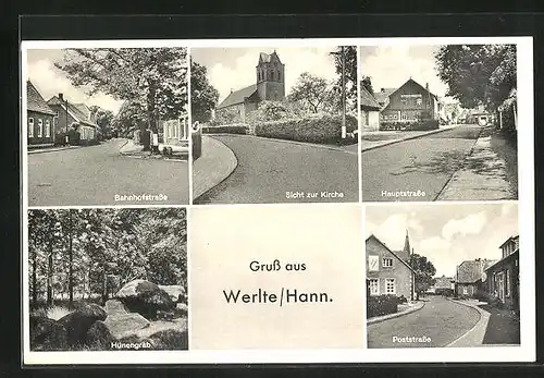 AK Werlte / Hann., Bahnhofstrasse, Blick zur Kirche, Hauptstrasse, Hünengrab und Poststrasse