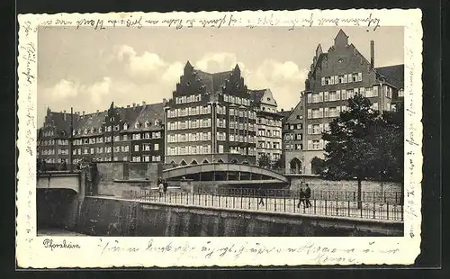 AK Pforzheim, Uferpartie mit Brücke