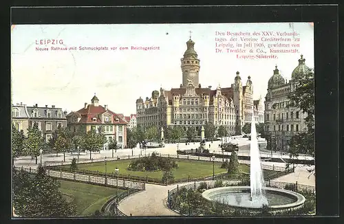 AK Leipzig, Neues Rathaus mit Schmuckplatz vor dem Reichsgericht