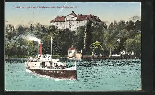 AK Mainau, Blick zum Schloss, Dampfer verlässt den Landungsplatz