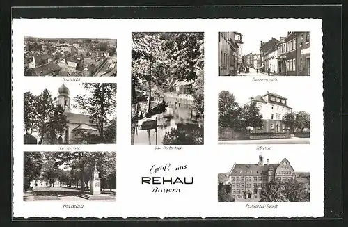 AK Rehau / Ofr., Ev. Kirche, Maxplatz, Bahnhofstrasse, Klinik, Pestalozzi-Schule und Partie am Perlenbach