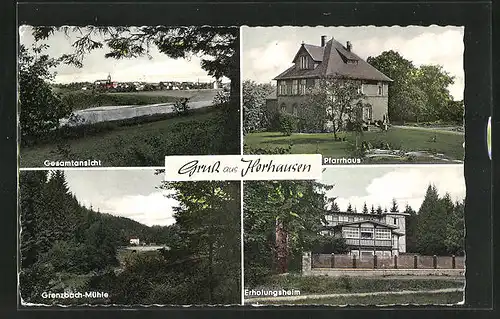 AK Horhausen / Westerwald, Ortsansicht, Pfarrhaus, Grenzbach-Mühle und Erholungsheim