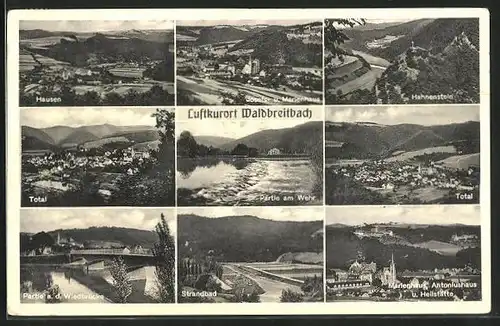 AK Waldbreitbach, Ortsansicht, Partie am Wehr, Hahnenstein, Strandbad, Josefs- und Marienhaus