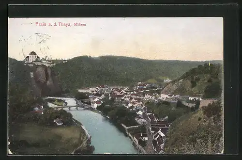 AK Frain a. d. Thaya, Ortsansicht, Flusspartie mit Brücke aus der Vogelschau
