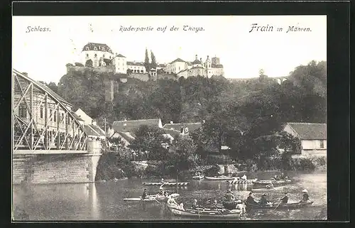AK Frain a. d. Thaya, Ortspartie mit Brücke und Schloss, Ruderpartie auf der Thaya
