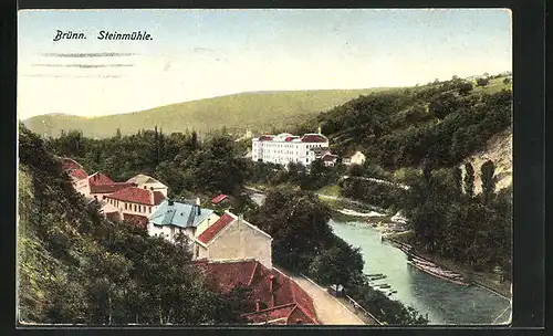 AK Brünn / Brno, Steinmühle aus der Vogelschau, Flusspartie