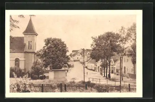 AK Skalice nad Svitavou, Blick zur Kirche