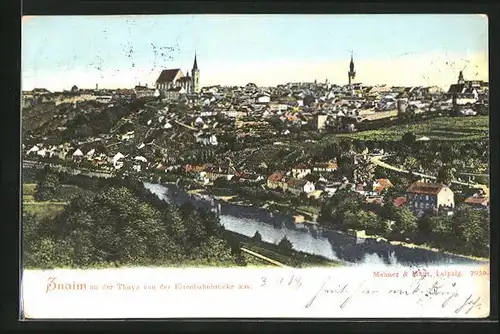 AK Znaim, Ortsansicht von der Eisenbahnbrücke aus gesehen