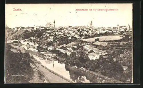 AK Znaim, Gesamtansicht von der Nordwestbahnbrücke gesehen