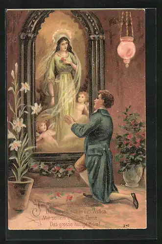 Präge-AK Junger Mann beim Gebet vor einem Marienbild, Religion