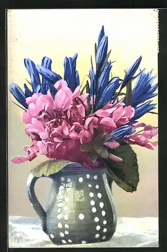 Künstler-AK Photochromie Nr.877: Alpenveilchen und Enzian in einer Vase