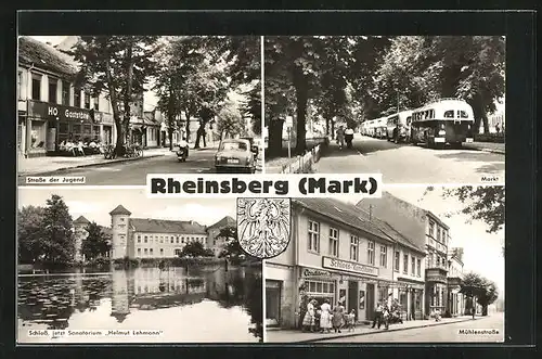 AK Rheinsberg (Mark), Strasse der Jugend, Schloss, Markt und Mühlenstrasse