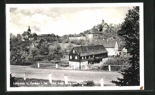 AK Schönfels, Blick nach Burg und Kirche