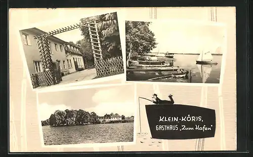 AK Klein-Köris, Gasthaus Zum Hafen mit drei Ansichten
