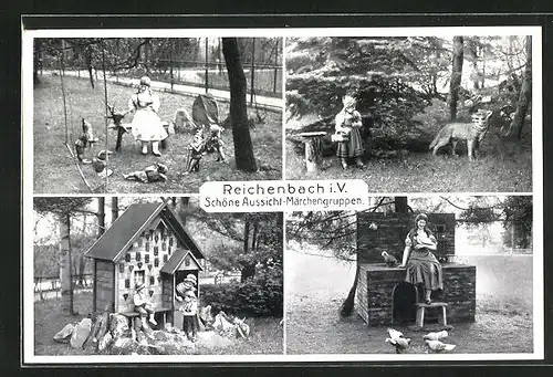 AK Reichenbach i. V., Vier Ansichten von Schöne Aussicht-Märchengruppen