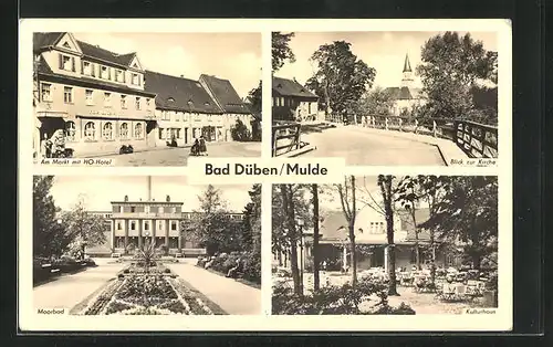 AK Bad Düben /Mulde, Am Markt mit HO-Hotel, Blick zur Kirche, Kulturhaus, Moorbad