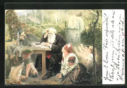 Künstler-AK Tolstoj und die Leiden seines Volkes, Tolstoj parmi les souffrances de son pays