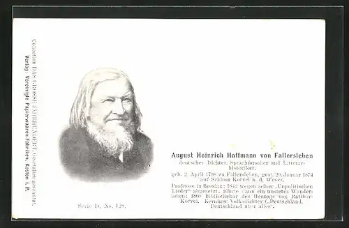 AK Deutscher Dichter August Heinrich Hoffmann von Fallersleben im Portrait