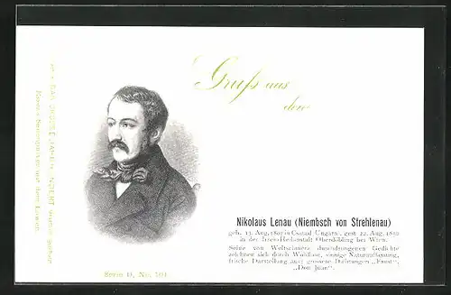 AK Portrait von Nikolaus Lenau, Niembsch von Strehlau, ungarischer Dichter