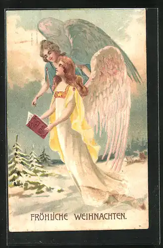 Präge-AK Zwei hübsche Weihnachtsengel mit Buch über der schneebedeckten Landschaft