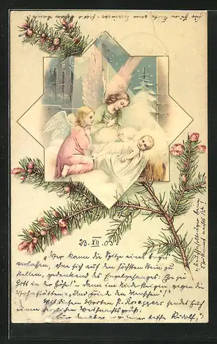 AK Weihnachtsengel beten für ein Baby, Tannenzweig, Stern